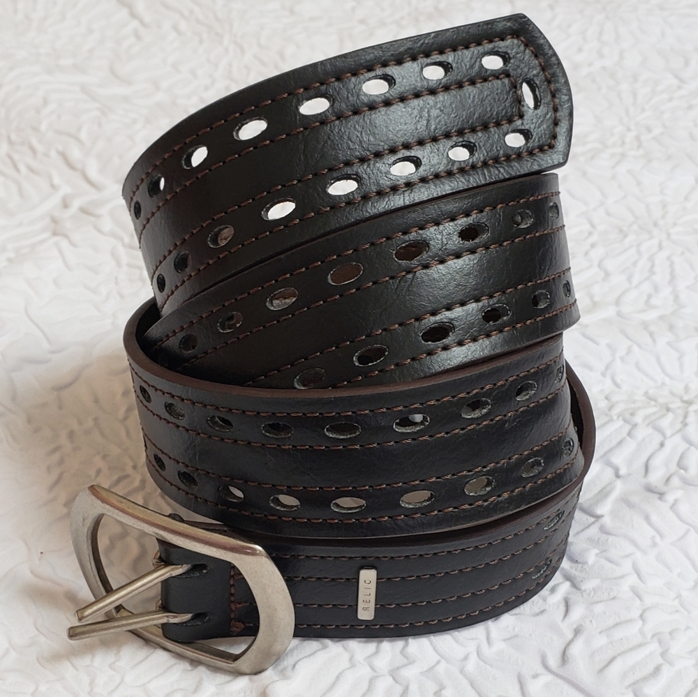 Relic by Fossil UNISEX black brown PVC belt double prong nickle buckle Sz L